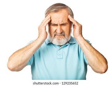 White haired man having headache isolated over white background