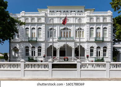 White Hall, office of the Prime Minister of Trinidad and Tobago, Port of Spain city, Caribbean. One of the Magnificent Seven, Whitehall, originally Rosenweg. National flag flying. 