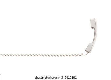 White handset with twisted wire, stretched horizontally. White handset is vertical, the wire is placed horizontally. Isolated on white background, close-up.