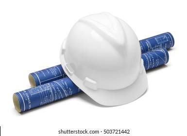 White Hard Hat And Blue Prints Isolated On White  Background.