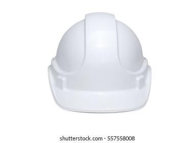 White hard hat isolated on white background with soft shadow under brim, front view.