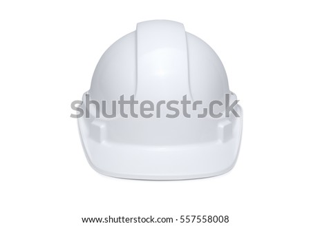 White hard hat isolated on white background with soft shadow under brim, front view.