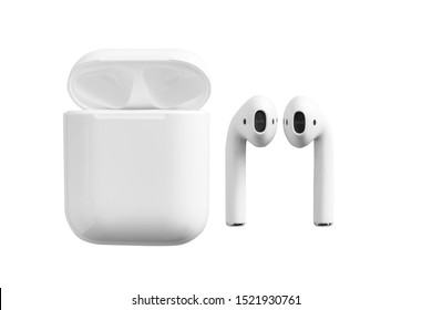 White Headphones Wireless Earphones With Case, Copy Space Isolated Background.