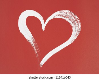 White Heart Painted On Red Background. Brush Stroke Texture.