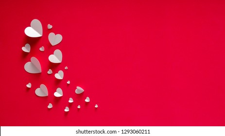 White Hearts Of Paper On Red Textured Background For Happy San Valentine Day. Happy Mother's Day