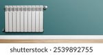 White heater on a turquoise wall. Central heating concept. Banner.