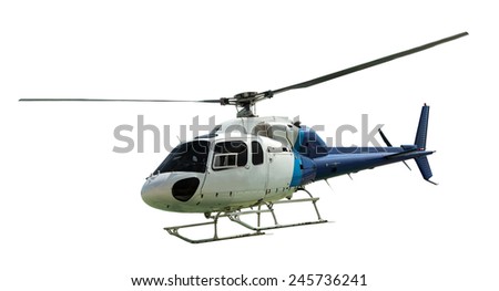 White helicopter with working propeller, isolated on white