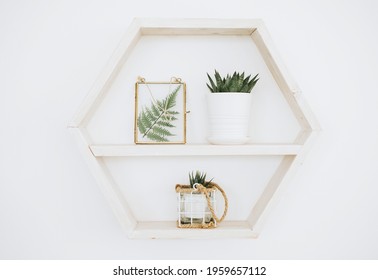 white hexagon shelf on a white wall with potted plants and decor