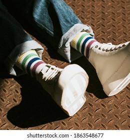 White High Top Sneakers On Model Casual Style 
