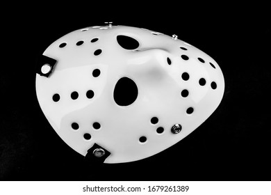 White Hockey Ice Mask Isolated On Black Background. 