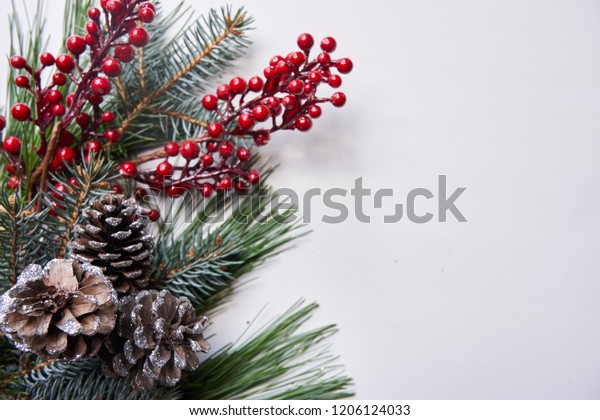 White Holiday Background Pinecones Holly Stock Photo (Edit Now) 1206124033