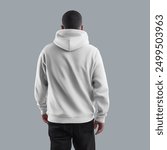 White hoodie mockup, sweatshirt on dark haired man, back view, apparel for design, pattern, branding. Template of textured male clothes isolated on background. Product photography for advertising.