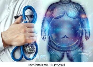 White horogram of a fat person on a blue background, vital signs, doctor's appointment. The concept of obesity, overweight, health problems, diet, diabetes.