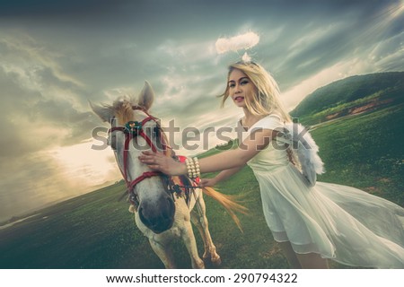 white horse and angel in field with sunset