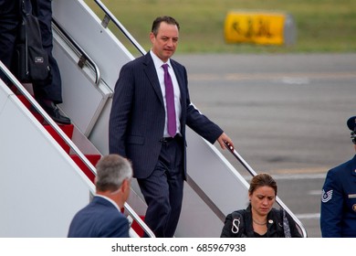 White House Chief of Staff, Reince Pribus, disembarks Air Force One in Ronkonkoma, NY, Friday, July 28, 2017. President Donald Trump announced Priebus' resignation several hours after this photo.