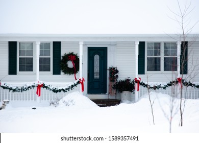 White House Covered In Snow And Christmas Decorations Just Before Christmas 2019 In Central Wisconsin, USA