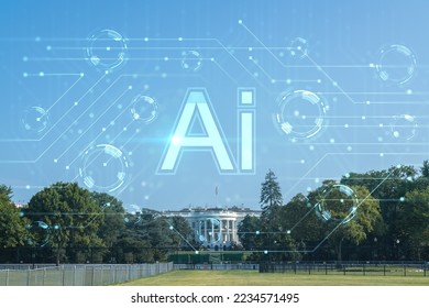 The White House at day, Washington DC, USA. Executive branch. President administration. Artificial Intelligence concept, hologram. AI, machine learning, neural network, robotics