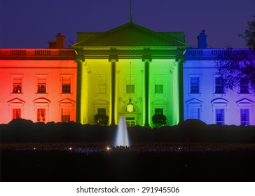 White House In Evening, Washington, DC With Rainbow Flag Projected Onto It, Symbolizing Screen Court Decision For The Right Of LGBT (Lesbians, Gays, Bisexuals And Trans-genders To Marry). 