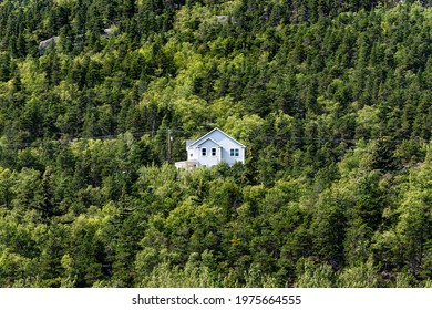 White House In The Middle Of Green Tree Forest Background. Light Blue Cozy House Surrounded By Green Trees In A Wood On The Mountain. Dwelling House In A Natural Tree Pattern Background.