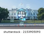 The White House on sunny day, Washington DC, USA. Executive branch. President administration. Glowing hologram legal icons. The concept of law, order, regulations and digital justice