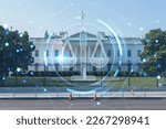 The White House on sunny day, Washington DC, USA. Executive branch. President administration. Glowing hologram legal icons. The concept of law, order, regulations and digital justice