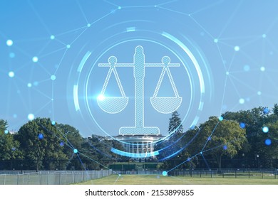 The White House On Sunny Day, Washington DC, USA. Executive Branch. President Administration. Glowing Hologram Legal Icons. The Concept Of Law, Order, Regulations And Digital Justice