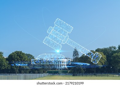 The White House On Sunny Day, Washington DC, USA. Executive Branch. President Administration. Glowing Hologram Legal Icons. The Concept Of Law, Order, Regulations And Digital Justice