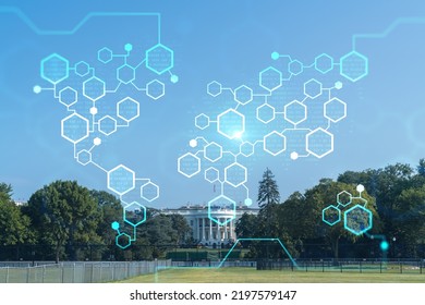 The White House On Sunny Day, Washington DC, USA. Executive Branch. President Administration. Decentralized Economy. Blockchain, Cryptography And Cryptocurrency Concept, Hologram