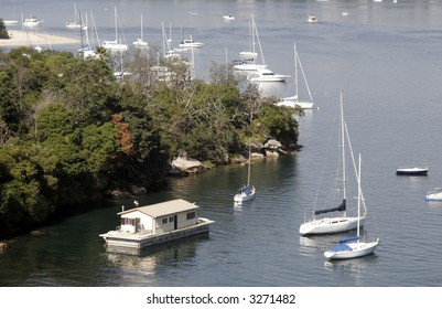 White Houseboat At The Coast, Boats, Sydney Bay, Australia