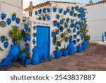 White houses with blue flower pots with flowers on the walls, Iznajar village, Cordoba province, Andalucia, Spain. Cozy decorated patio or courtyard . Travel destination.