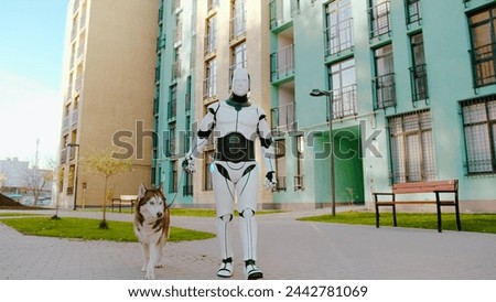 White humanoid robot walking husky dog with leash on residential complex area. Smart machine replacing human labor. Future concept of artificial intelligence.