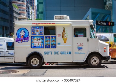 White Ice Cream Truck On A Street In New York City - July 10, 2015, Lexington Avenue, New York City, NY, USA