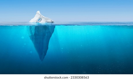 White Iceberg in clear blue water sea, under water view. Iceberg - Hidden Danger And Global Warming Concept. Floating ice in ocean. Tip of the iceberg Greenland. Copy space for text and design.