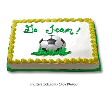 White Iced Soccer Themed Decorated Sheet Cake With Yellow Borders Isolated On A White Background     