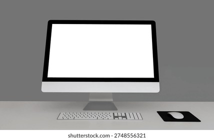White iMac desktop computer with an empty screen, accompanied by a keyboard and mouse, placed on a pristine desk