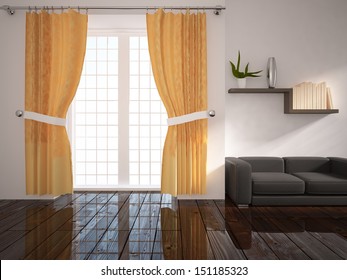 white interior with curtains and black sofa - Shutterstock ID 151185323