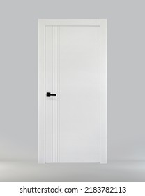 White interior door with vertical chamfers 5 lines with black fittings on a gray background. Front view. Ral 9010. Beautiful door for the house - Shutterstock ID 2183782113