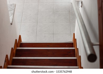 White Interior Environment Top View Wooden Stairs And Tile Floor 