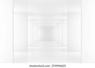 White Interior With Long Corridor In Modern Space 3D Render