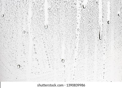 White Isolated Background Water Drops On The Glass / Wet Window Glass With Splashes And Drops Of Water And Lime, Texture Autumn Background