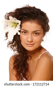 White Isolated Beauty Portrait Of Young Woman With Olive Skin Tone