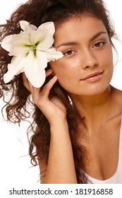 White Isolated Beauty Portrait Of Young Woman With Olive Skin Tone