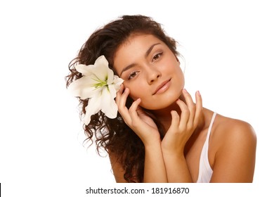 White Isolated Beauty Portrait Of Young Woman With Olive Skin Tone