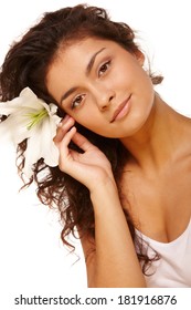 White Isolated Beauty Portrait Of Young Woman With Olive Skin Tone