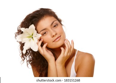 White Isolated Beauty Portrait Of Young Woman With Olive Skin Tone