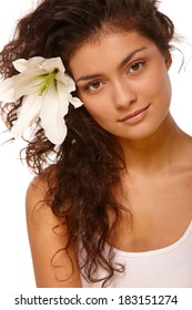 White Isolated Beauty Portrait Of Young Woman With Olive Skin Tone