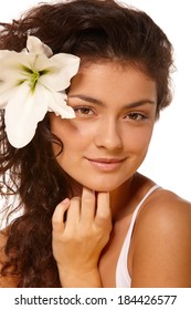 White Isolated Beauty Portrait Of Young Woman With Olive Skin Tone