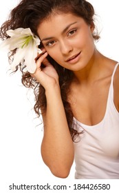 White Isolated Beauty Portrait Of Young Woman With Olive Skin Tone