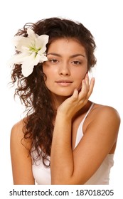 White Isolated Beauty Portrait Of Young Woman With Olive Skin Tone