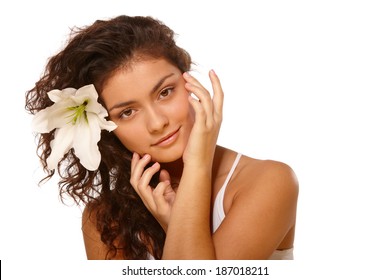 White Isolated Beauty Portrait Of Young Woman With Olive Skin Tone